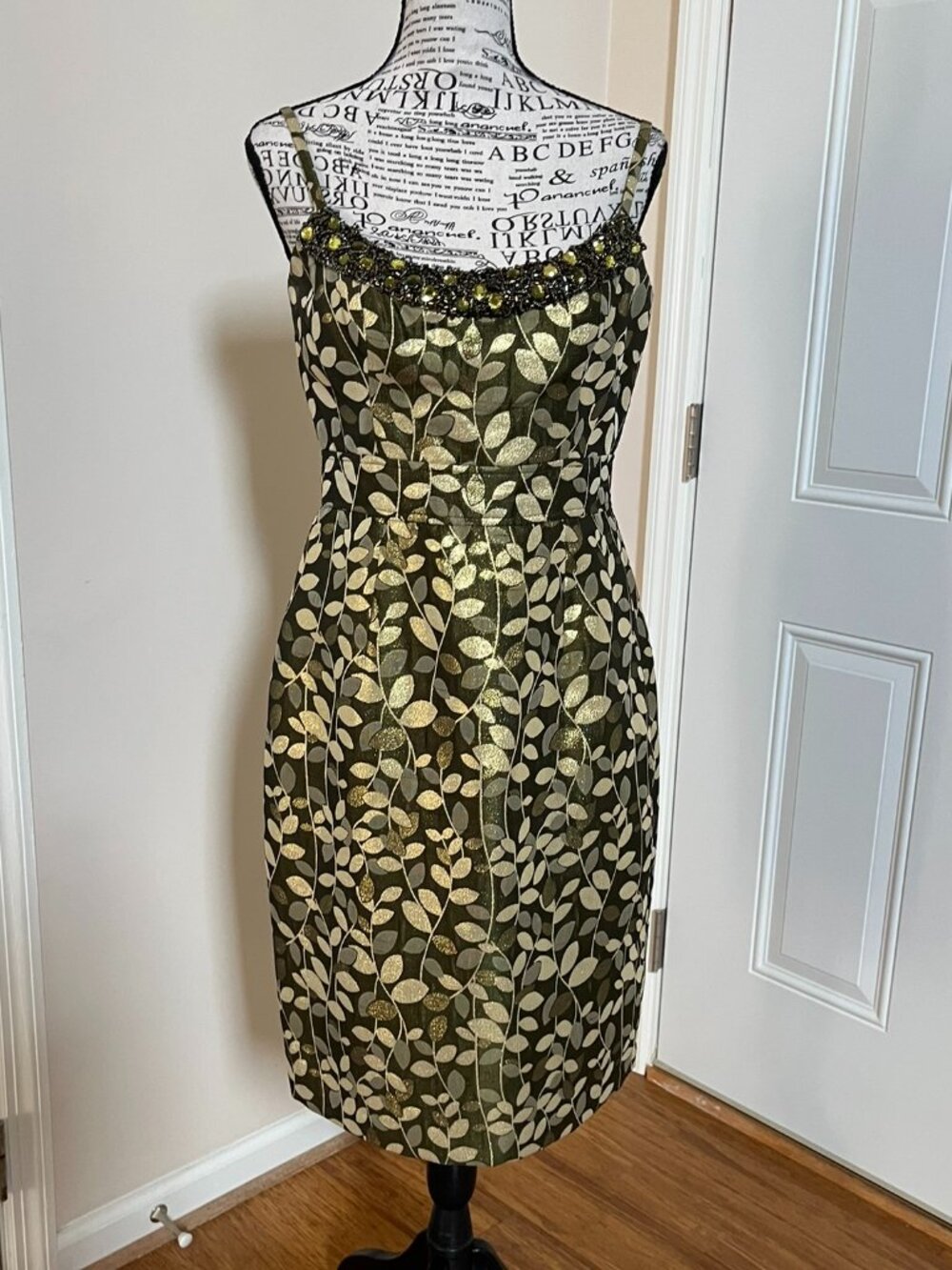 Maggy London Green/Gold Metallic Cocktail Dress, Size 6